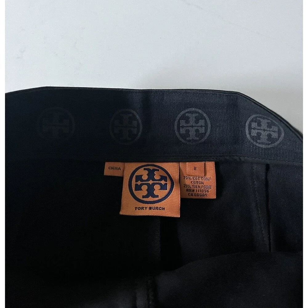 Tory Burch Black Cotton Silk Pintuck Trousers Flare Leg Size 2